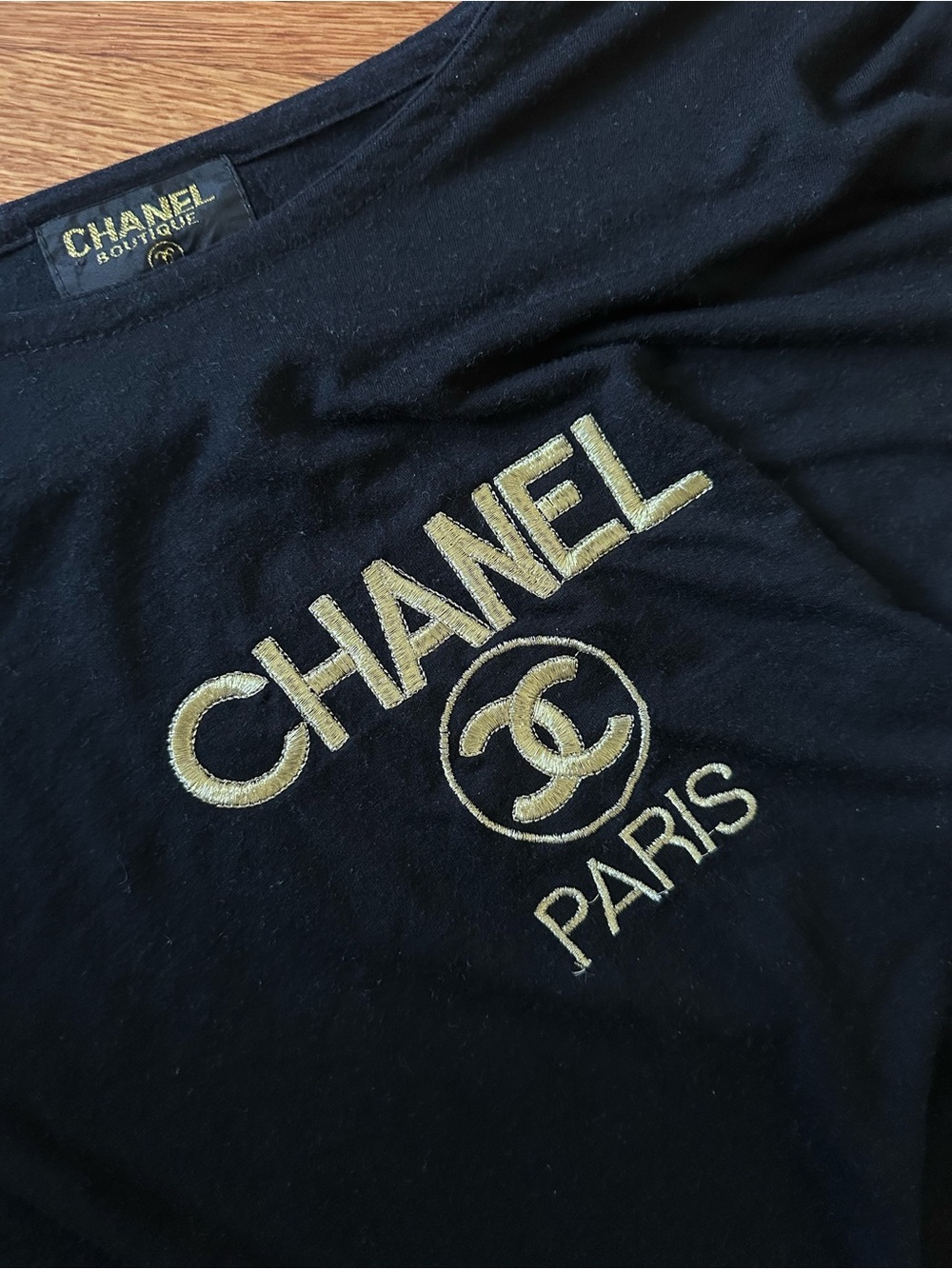 Vintage Single Stitch Chanel Boutique Black Tee with Gold Logo